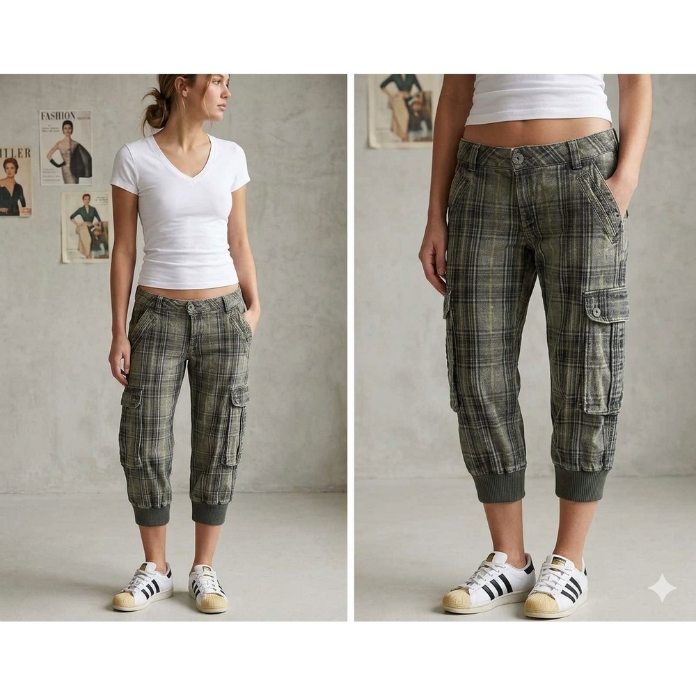 Rare VTG 90s Y2K Cropped Plaid Cargo Utility Pant 31 LowRise Fairy Grunge Goblin